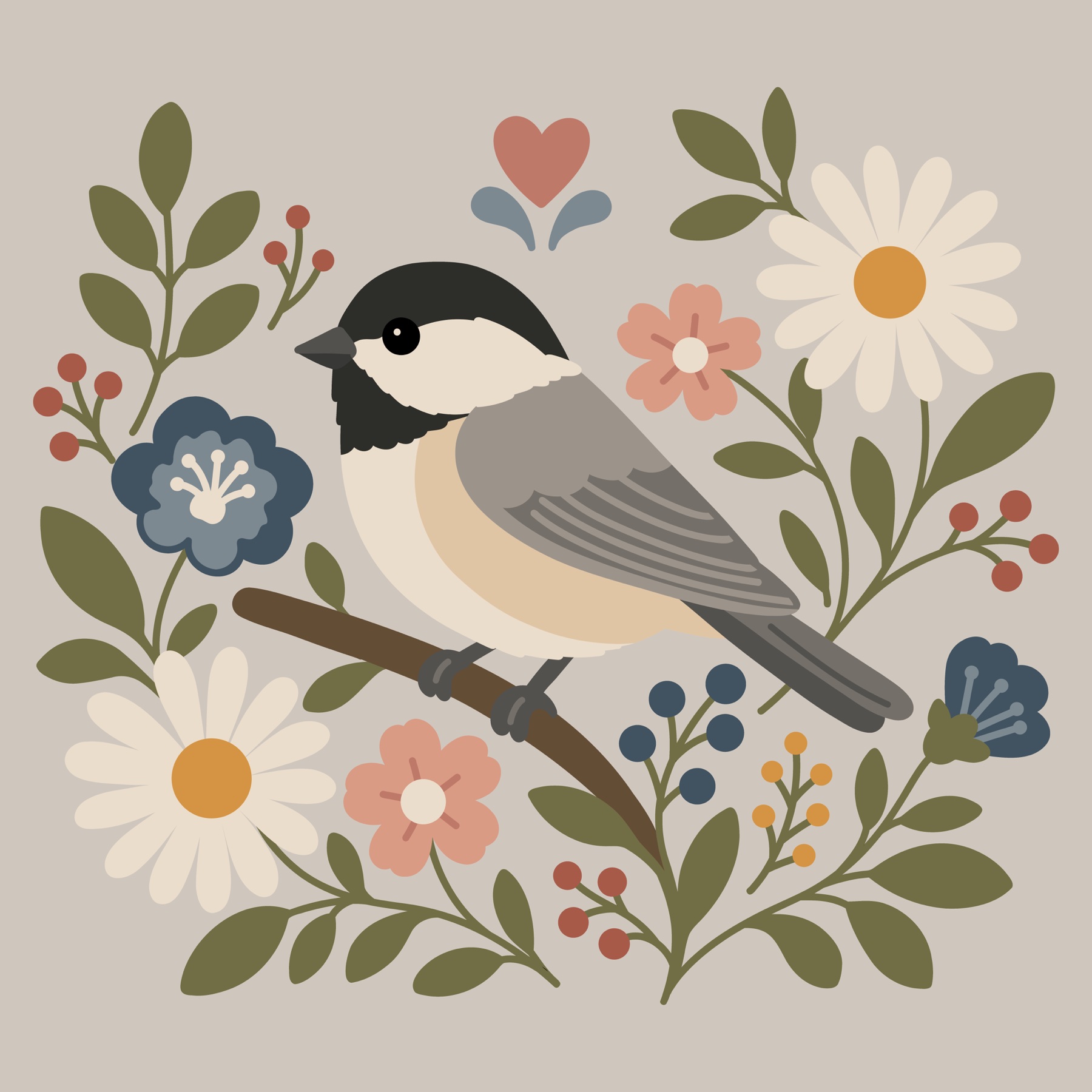Original chickadee and floral artwork before digitizing