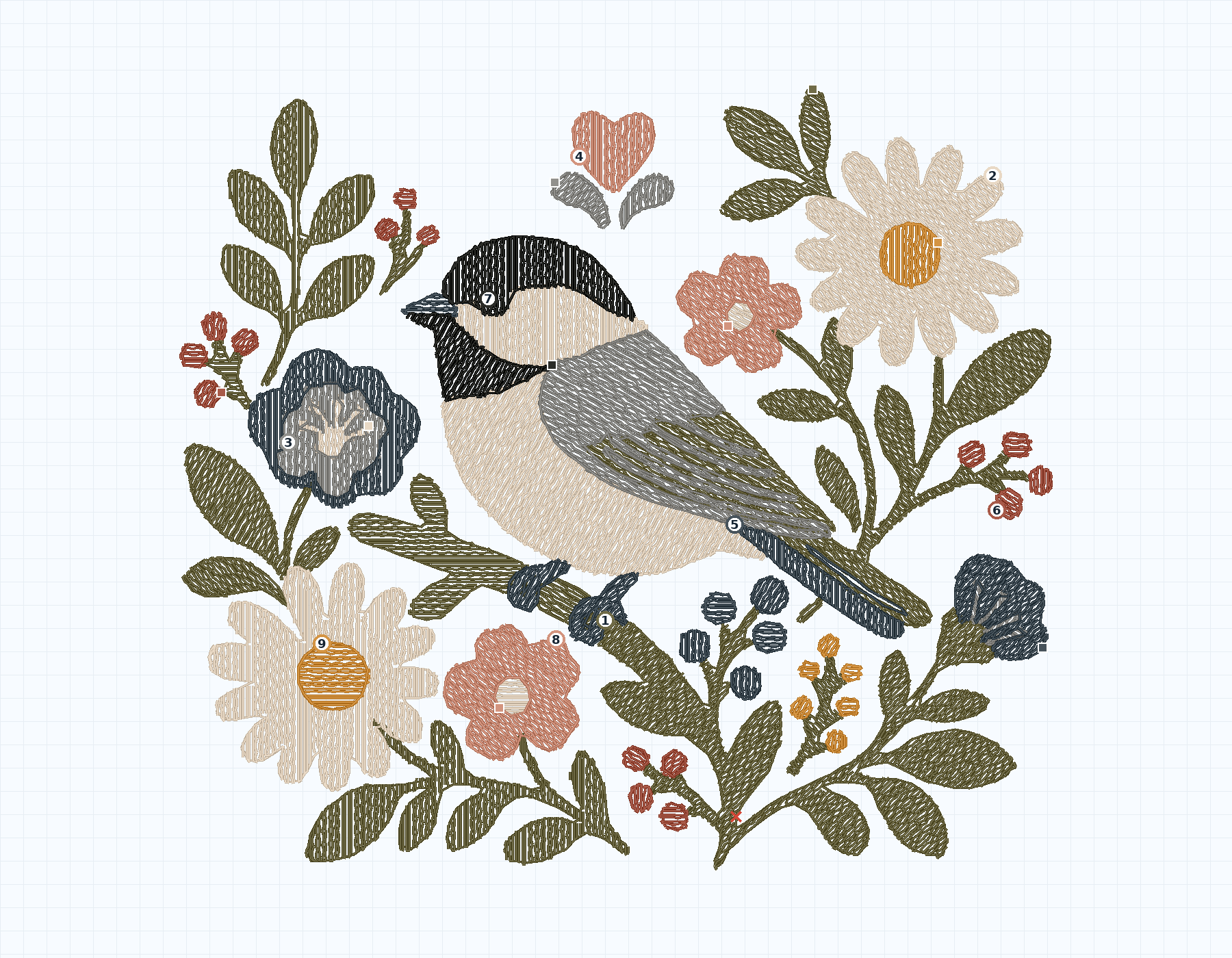 Stitch Map showing the thread paths and sewing order for the chickadee artwork